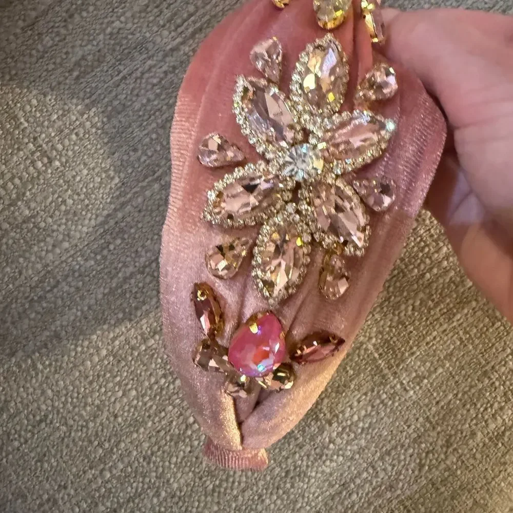 Pink Velvet Headband with Crystal Embellishments